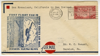 Image: airmail flight cover: United States Air Mail, FAM-19, first airmail flight, San Francisco - New Zealand route