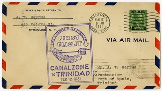 Image: airmail flight cover: First airmail flight, Canal Zone - Trinidad route