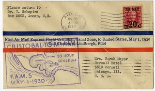 Image: airmail flight cover: First airmail flight, FAM-5, Cristobal, Canal Zone  - Miami route, Col. Charles A. Lindbergh