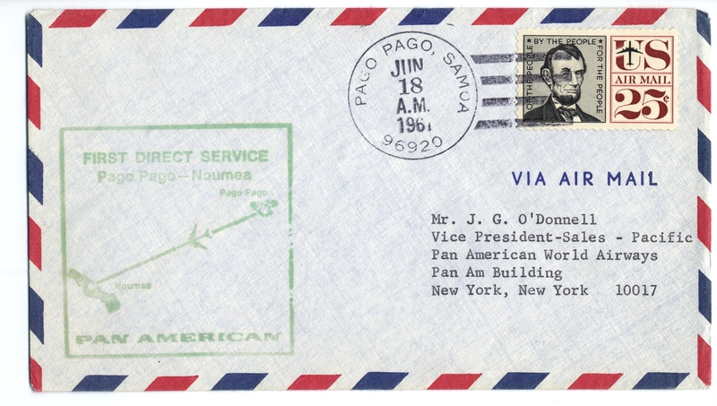 Image: airmail cover: Pan American World Airways, first direct service, Pago Pago (Samoa) - Noumea (New Caledonia) route