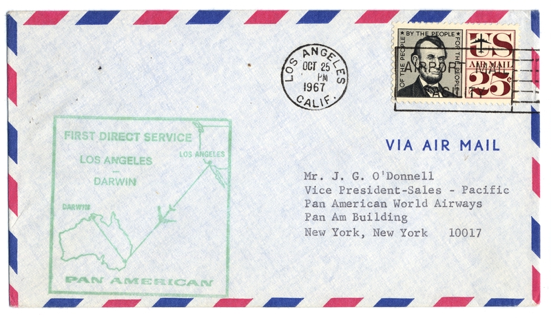 Image: airmail cover: Pan American World Airways, first direct service, Los Angeles - Darwin, Australia