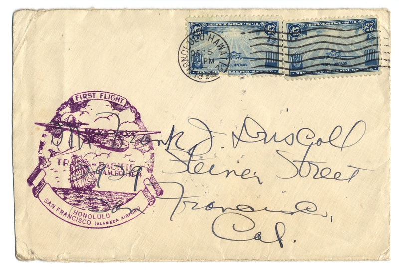 Image: airmail flight cover: Pan American Airways, FAM-14, first transpacific airmail flight, Honolulu - San Francisco (Alameda) route