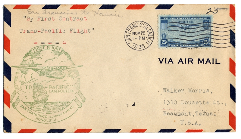 Image: airmail flight cover: Pan American Airways, FAM-14, first transpacific airmail flight, San Francisco (Alameda Airport) to Honolulu route