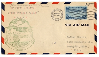 Image: airmail flight cover: Pan American Airways, FAM-14, first transpacific airmail flight, San Francisco (Alameda Airport) to Honolulu route
