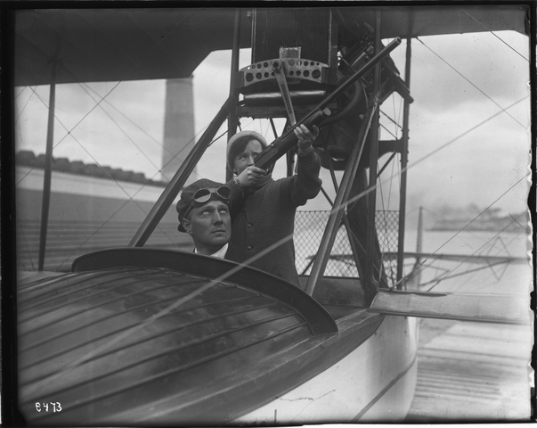 Glass negative: Panama-Pacific International Exposition, Christofferson flying boat, Carl J. Schilling and Ada Schilling 