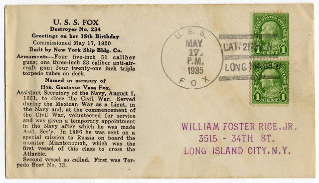 Airmail flight cover: USS Fox, May 17, 1935