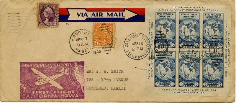 Image: airmail flight cover: Pan American Airways, first Pacific survey flight, California - Hawaii route