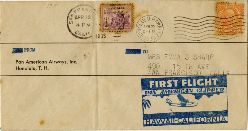 Image: airmail flight cover: Pan American Airways, first Pacific survey flight, Hawaii - California route