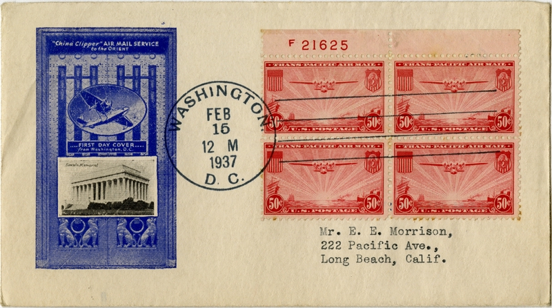 Image: airmail flight cover: Pan American Airways, first day cover, China Clipper airmail service
