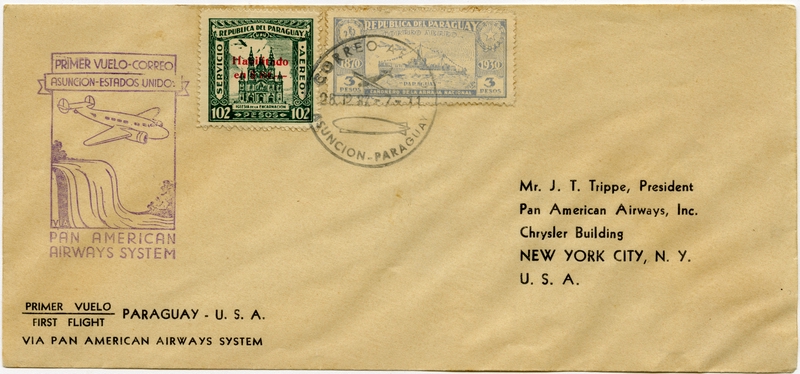 Image: airmail flight cover: Pan American Airways, first airmail flight, Asuncion, Paraguay - New York route