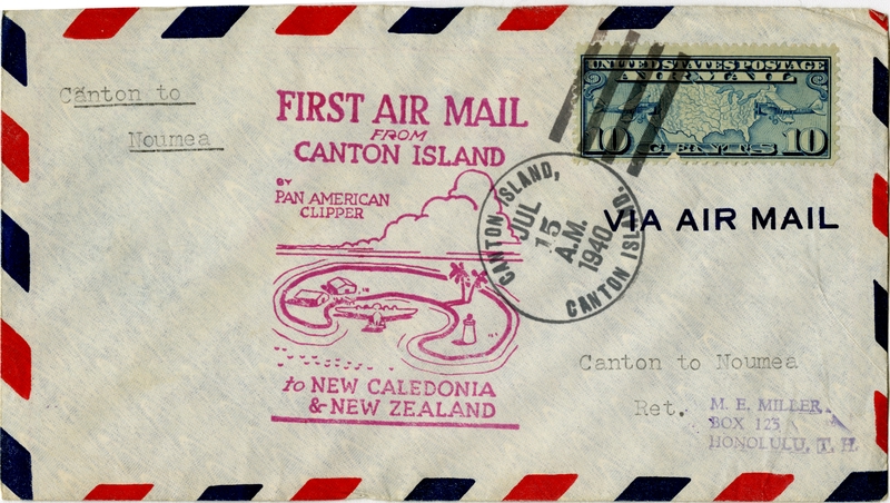 Image: airmail flight cover: Pan American Airways, first airmail flight, Canton Island - Noumea (New Caledonia) route