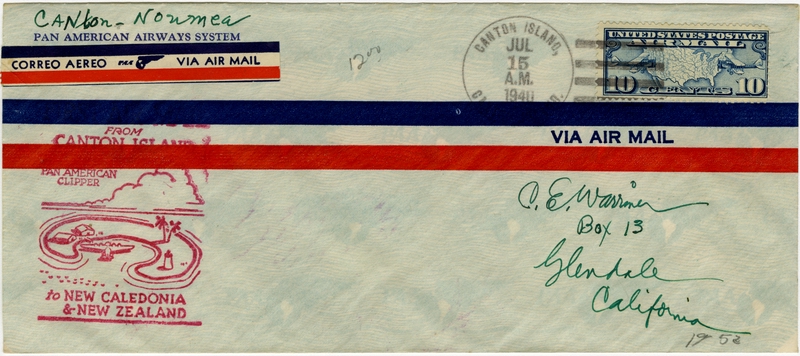 Image: airmail flight cover: Pan American Airways, first airmail flight, Canton Island - Noumea (New Caledonia) route