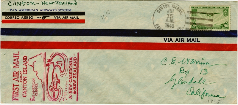 Image: airmail flight cover: Pan American Airways, first airmail flight, Canton Island - New Zealand route