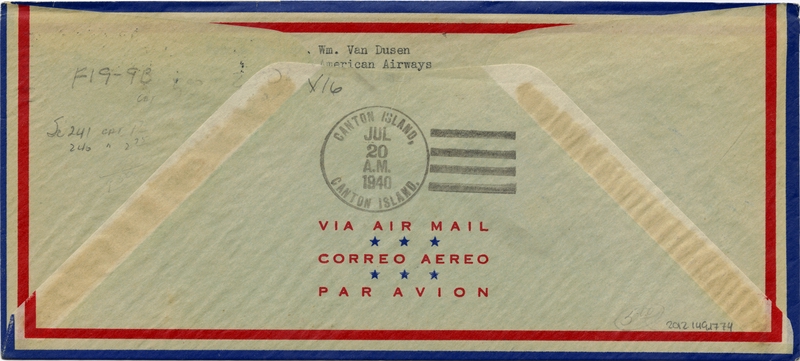 Image: airmail flight cover: Pan American Airways, first airmail flight, New Zealand - Canton Island route
