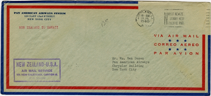 Image: airmail flight cover: Pan American Airways, first airmail flight, New Zealand - Hawaii route