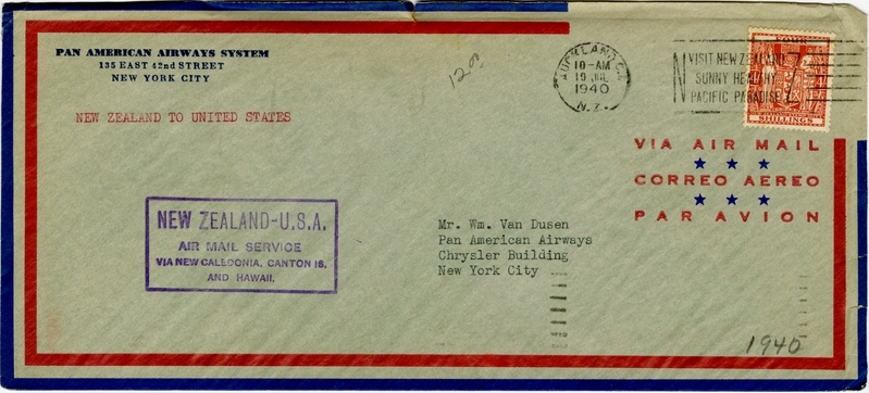 Image: airmail flight cover: Pan American Airways, first airmail flight, New Zealand - United States route