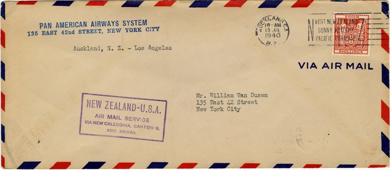 Image: airmail flight cover: Pan American Airways, first airmail flight, Auckland - Los Angeles route