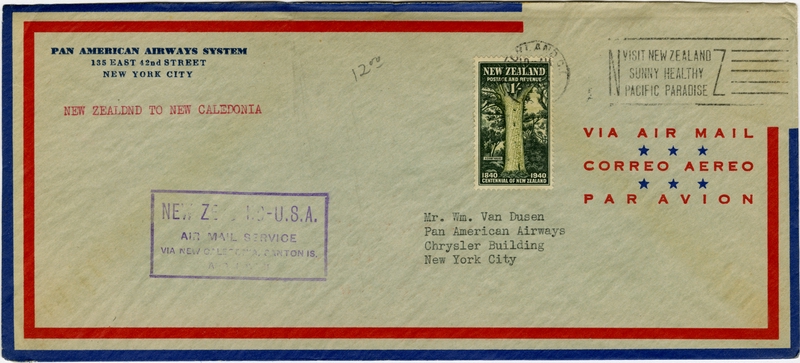 Image: airmail flight cover: Pan American Airways, first airmail flight, New Zealand - New Caledonia route