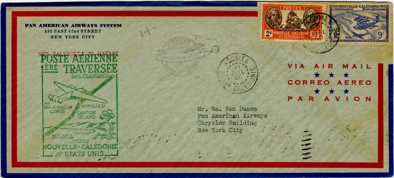 Image: airmail flight cover: Pan American Airways, first airmail flight, Noumea (New Caledonia) - Hawaii route