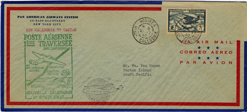 Image: airmail flight cover: Pan American Airways, first airmail flight, Noumea (New Caledonia) - Canton Island route