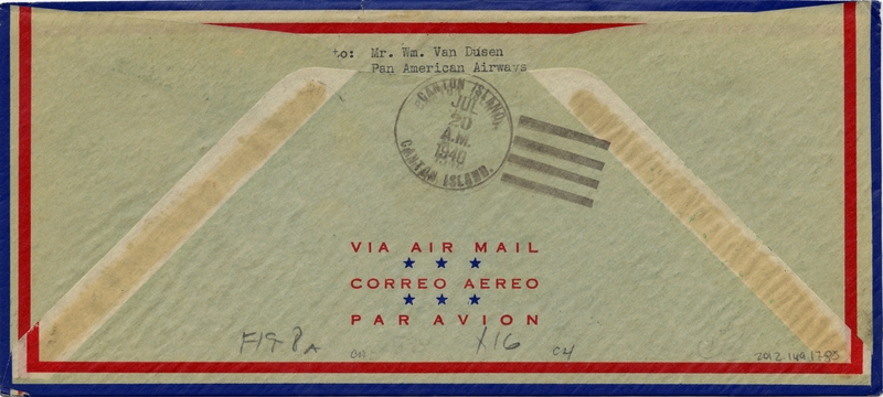 Image: airmail flight cover: Pan American Airways, first airmail flight, Noumea (New Caledonia) - Canton Island route