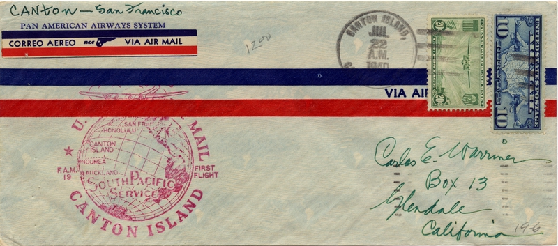 Image: airmail flight cover: Pan American Airways, first airmail flight, FAM-19, Canton Island - San Francisco route