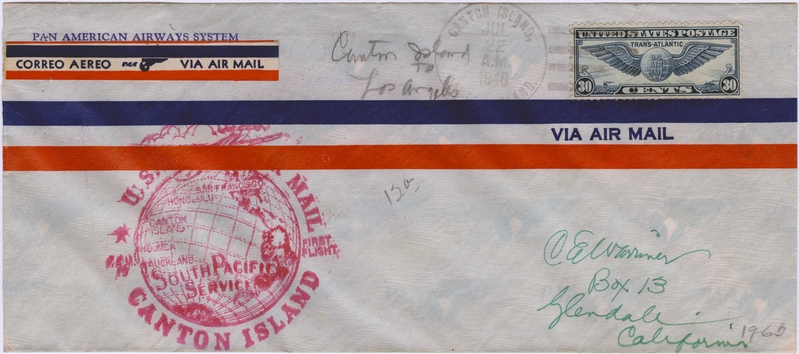 Image: airmail flight cover: Pan American Airways, first airmail flight, FAM-19, Canton Island - Los Angeles route