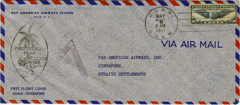 Image: airmail flight cover: Pan American Airways, first airmail flight, Guam - Singapore route