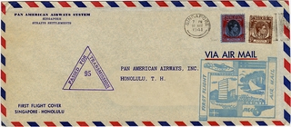 Image: airmail flight cover: Pan American Airways, first airmail flight, Singapore - Honolulu route