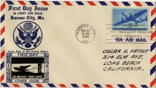 Image: airmail flight cover: First day of issue, 30-cent air mail stamp