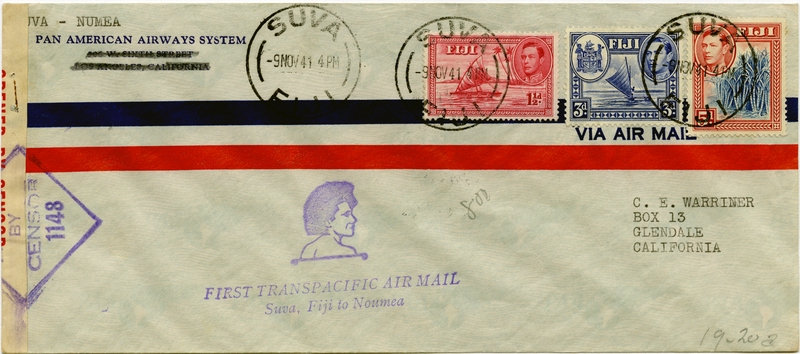 Image: airmail flight cover: Pan American Airways, first airmail flight, Suva (Fiji) - Noumea (New Caledonia) route