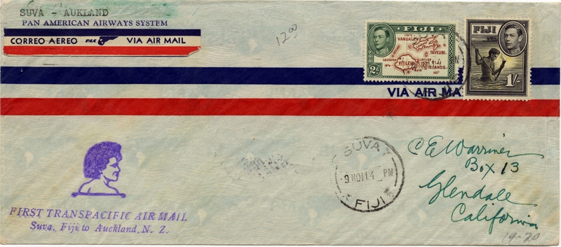 Image: airmail flight cover: Pan American Airways, first airmail flight, Suva (Fiji) - Auckland route