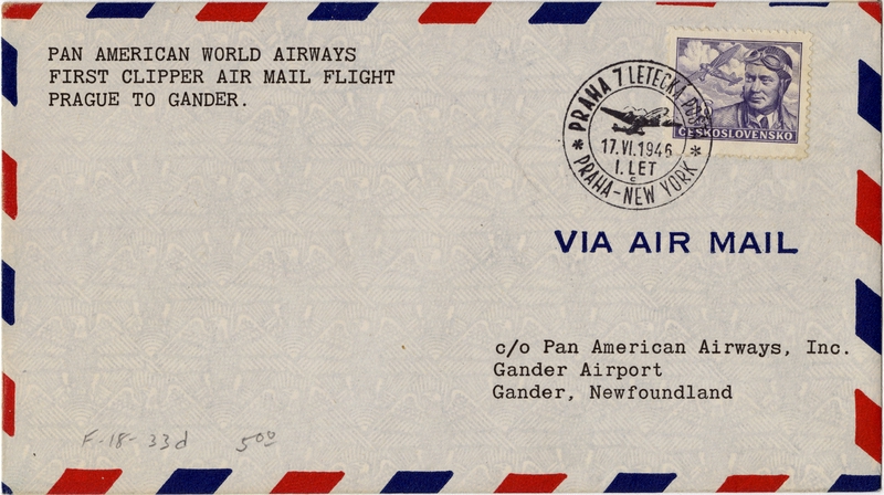 Image: airmail flight cover: Pan American World Airways, Prague - Gander route