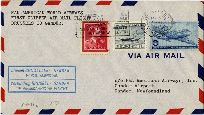 Image: airmail flight cover: Pan American World Airways, Brussels - Gander route
