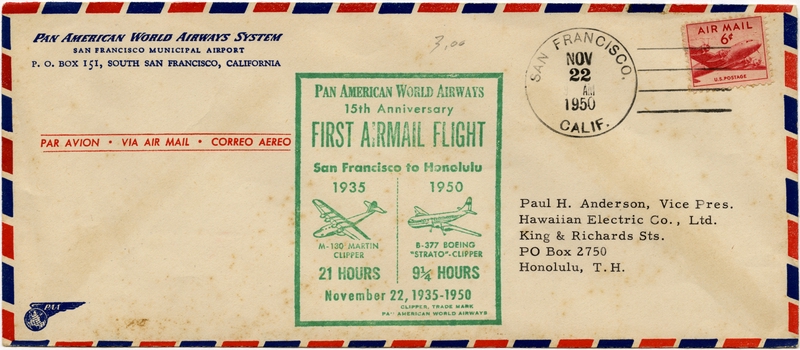 Image: airmail flight cover: Pan American World Airways, San Francisco - Honolulu First airmail flight, 15th Anniversary