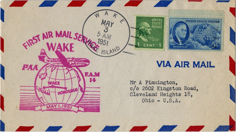 Image: airmail flight cover: Pan American World Airways, FAM-14, Wake Island - Guam