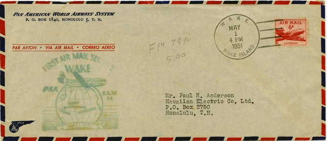 Airmail flight cover: Pan American World Airways, FAM-14, Wake Island - Honolulu