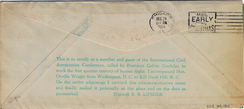 Image: airmail flight cover: Wright Brothers first flight 25th Anniversary, Orville Wright