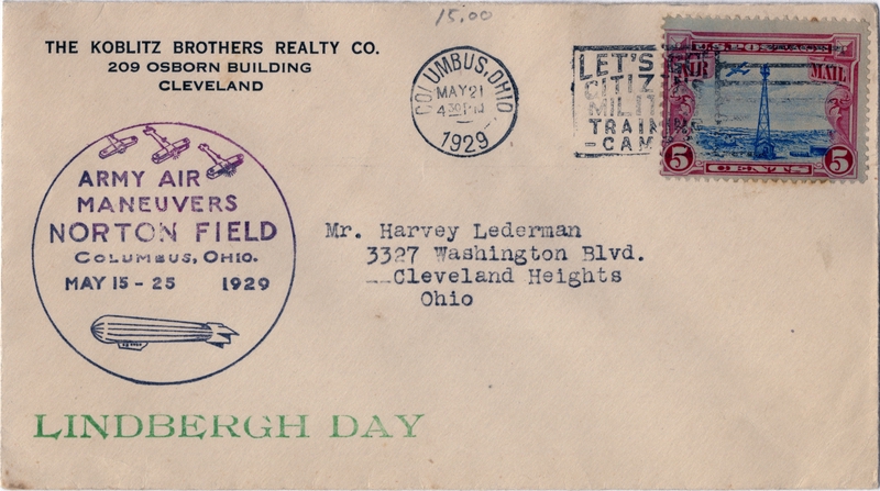 Image: airmail flight cover: Army air maneuvers, Norton Field, Charles Lindbergh Day
