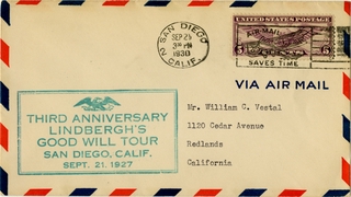 Image: airmail flight cover: Third anniversary of Charles Lindbergh Good Will Tour