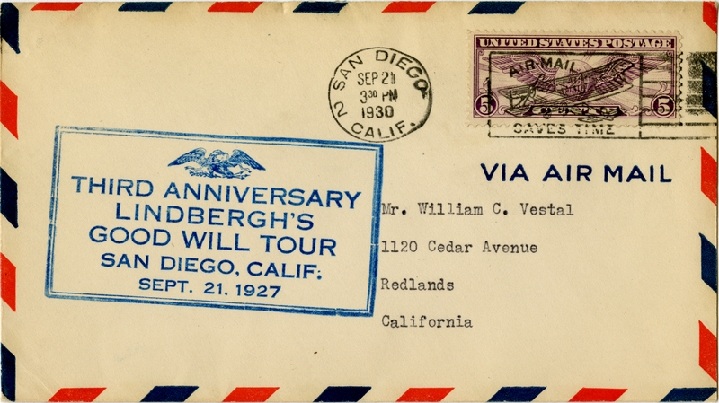 Image: airmail flight cover: Third anniversary of Charles Lindbergh Good Will Tour