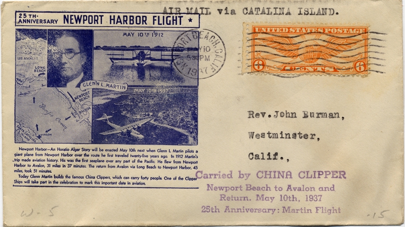 Image: airmail flight cover: China Clipper, 25th anniversary of Glenn L. Martin’s Newport Harbor flight