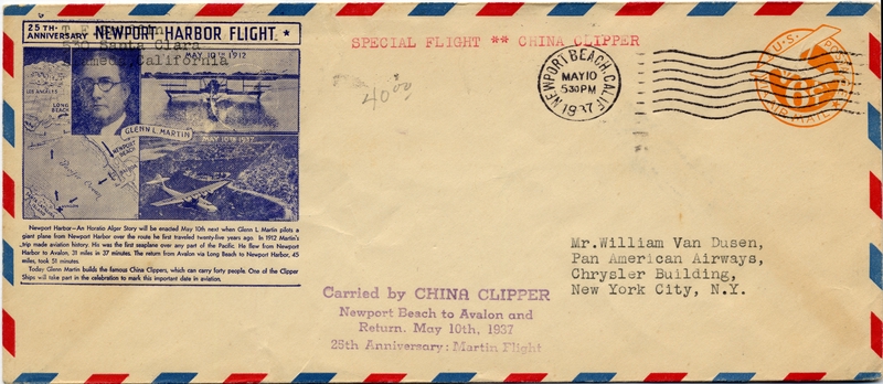 Image: airmail flight cover: China Clipper, 25th anniversary of Glenn L. Martin’s Newport Harbor flight