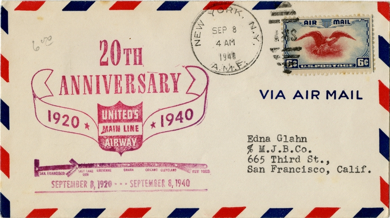 Image: airmail flight cover: United Air Lines, San Francisco - New York route, 20th anniversary