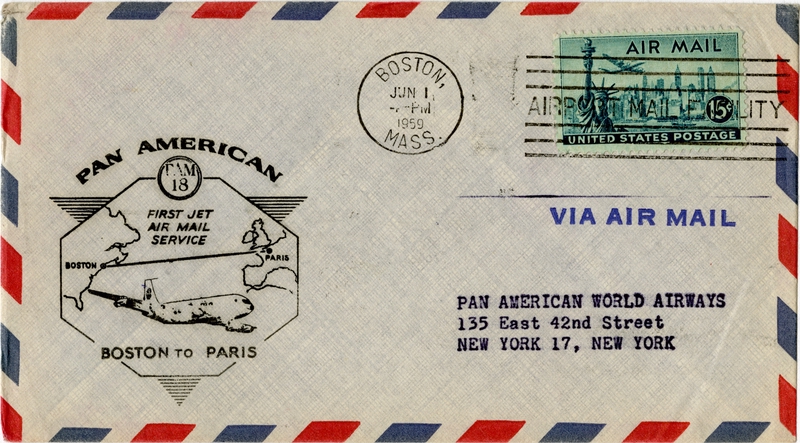 Image: airmail flight cover: Pan American World Airways, FAM-18, Boston - Paris route