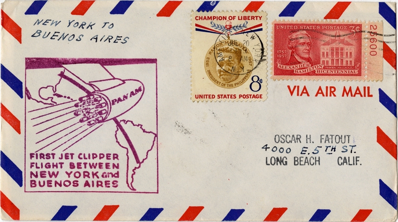 Image: airmail flight cover: Pan American World Airways, New York - Buenos Aires route