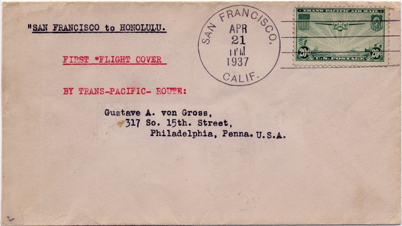 Image: airmail flight cover: Pan American Airways, first airmail flight, San Francisco - Honolulu route