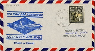 Image: airmail flight cover: Pan American World Airways, Nandi, Fiji - Sydney route