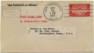 Image: airmail flight cover: Pan American Airways, first airmail flight, San Francisco - Manila route