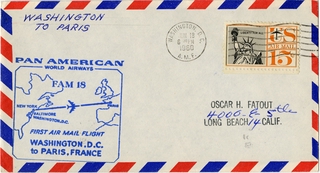 Image: airmail flight cover: Pan American World Airways, FAM-18, Washington, DC - Paris route